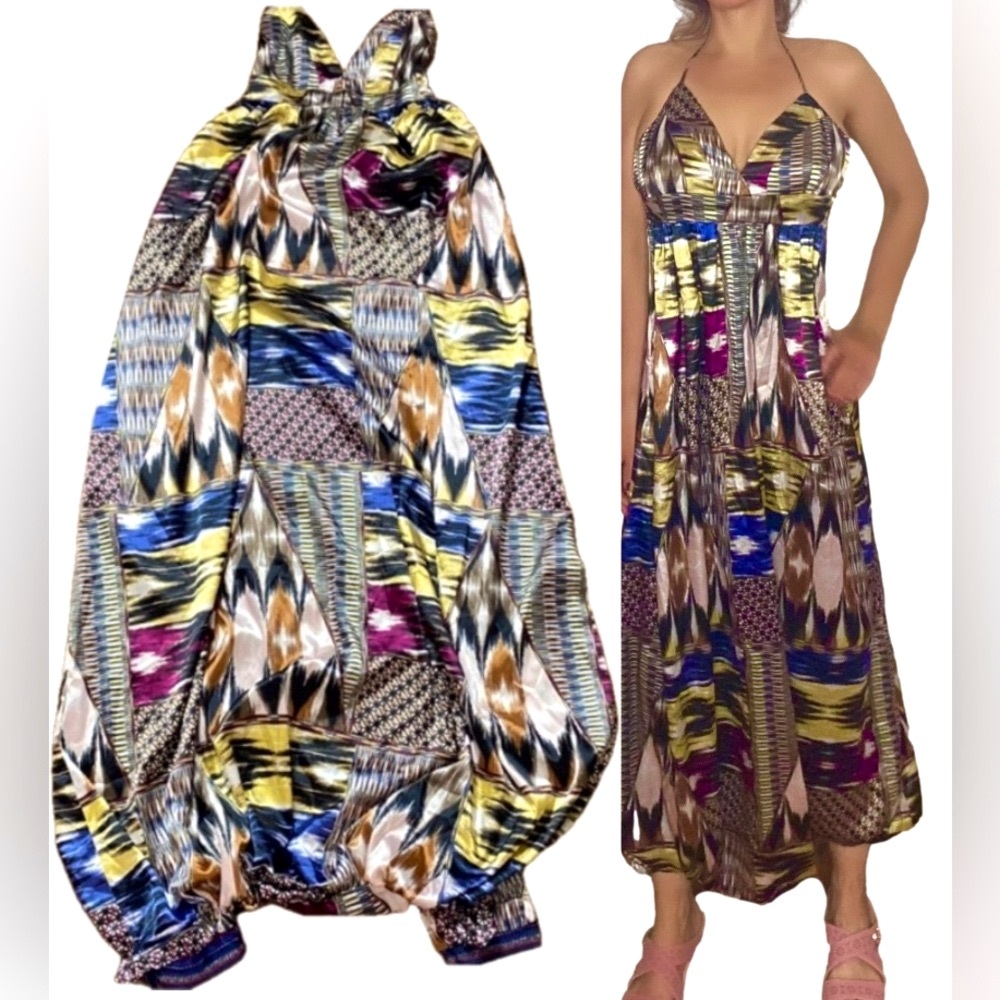 🌷 H&M 🌷Satin Multicolour Geometric Print Halter Maxi Dress Jumpsuit